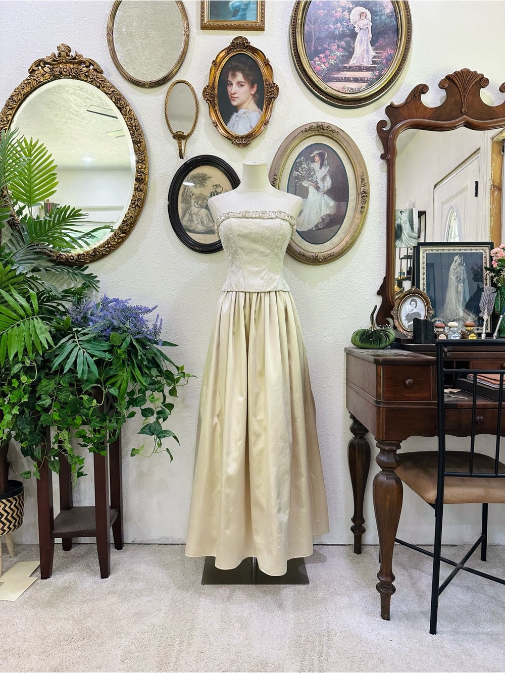 Strapless Ivory Satin Wedding Dress with Beaded Bodice